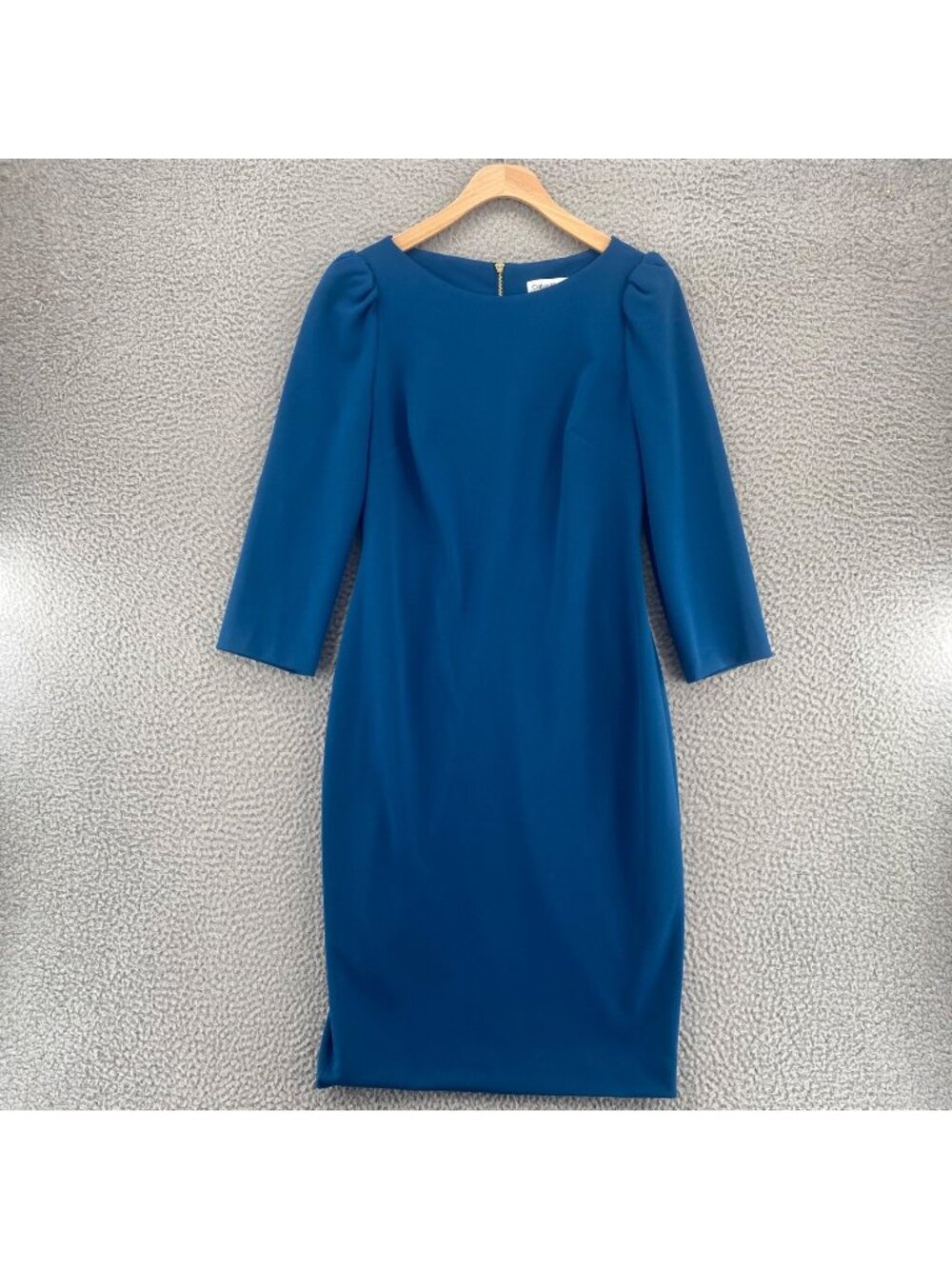 Calvin Klein Dress Women 4 Teal Shift 3/4 Puff Sleeve Knee Length Stretch Career